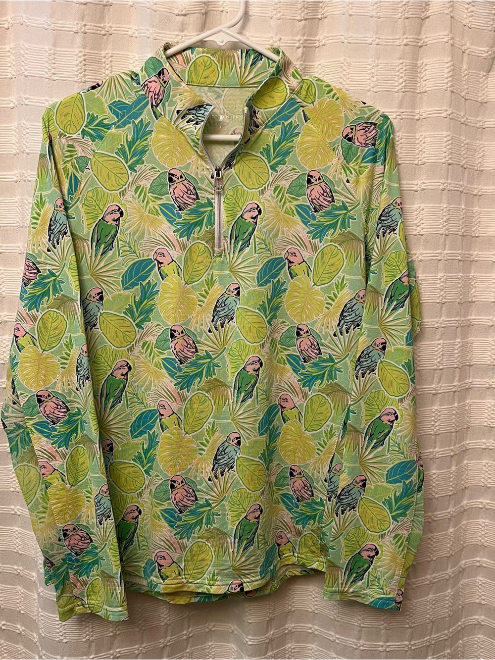 Tropical Parrot Print Quarter-Zip Pullover - Green & Pink, Sport Hailey